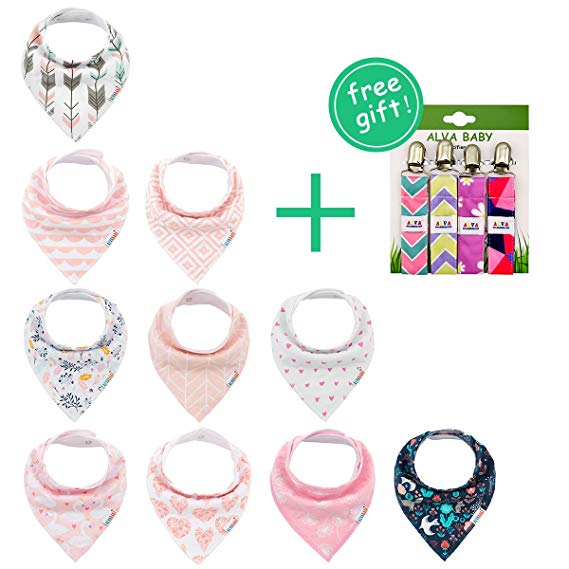 ALVABABY 10-Pack Baby Bandana Drool Bibs for Girls with 4-Pack Pacifier Clips Gift Set 8SD03