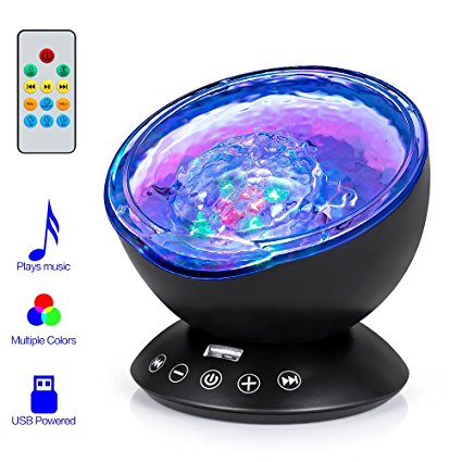 Remote Control Ocean Wave Projector, Hallomall 12LED Night Light Lamp with Built-in Music Player, 7 Color Changing Lighting Modes, Perfect Choice for Baby Nursery Bedroom Living Room(Black)