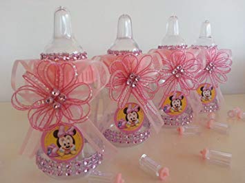 12 Minnie Mouse Pink Fillable Bottles Baby Shower Favors Prizes~Girl Decorations