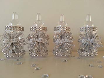 12 Silver Fillable Bottles for Baby Shower Favors Prizes Games Girl Decorations