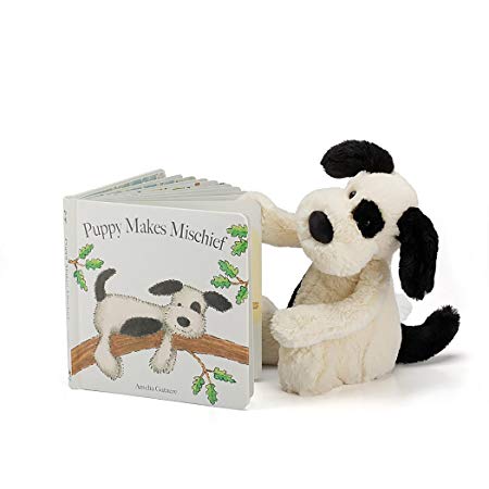 Jellycat Puppy Makes Mischief Board Book and Bashful Black and Cream Puppy, Medium 12 inches