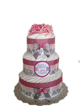 Classic Pastel Baby Shower Diaper Cake (3 Tier, Damask Pink)