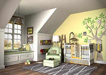 Nursery Crib Bedding Set, Frog, 7 Count, Green/Brown/Lime Green/White