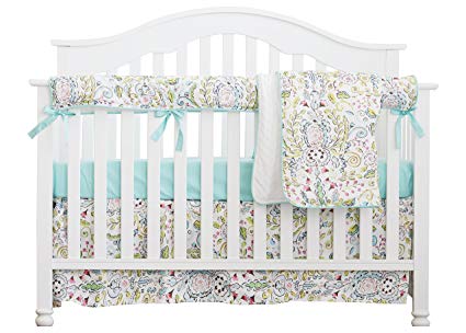 Boho Chic Coral Floral Ruffle Baby Minky Blanket Watercolor, Peach Floral Nursery Crib Skirt Set Baby Girl Crib Bedding (Mint Blue)