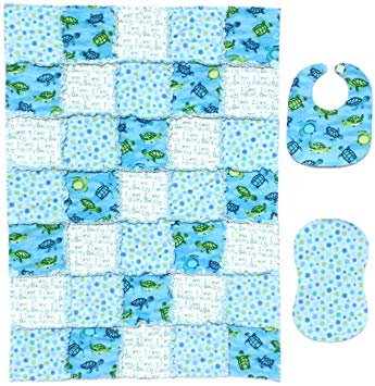 Adorable SEA TURTLE Print with Coordinating Blue and Green Accent Fabrics Baby Rag Quilt...