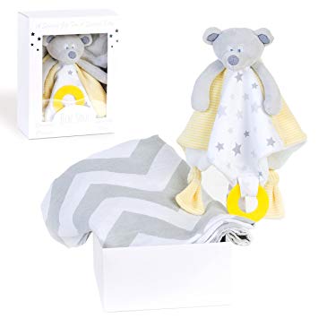 Bébé Soul Baby Gift Set : Bear Security Blanket with Teether, Bamboo/Cotton Muslin Swaddle Blanket- Perfect...