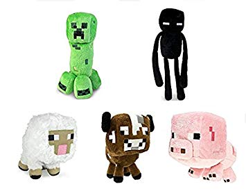 Official Minecraft Overworld 7 Plush Set of 5: Creeper, Enderman, Baby Pig, Cow and Sheep