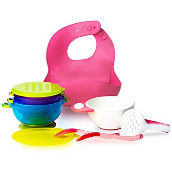 RyanLemon Baby Feeding Suction Bowl With Lid Silicone Bib Mash Bowl Spoons Pink