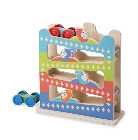 Melissa & Doug First Play Roll & Ring Ramp Tower 2 Wooden Cars, Multicolor