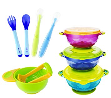 MICHEF Baby Bowls, Baby Feeding Bowls Set with Mash and Serve Bowl, 2 Hot Safe Spoon and Fork, 2...