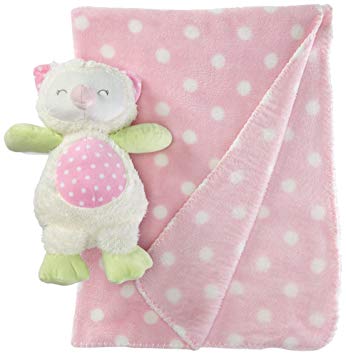 Stephan Baby Sleepy Owl Polka Dot Plush Blanket and 9-inch Plush Owl Gift Set, Pink and White