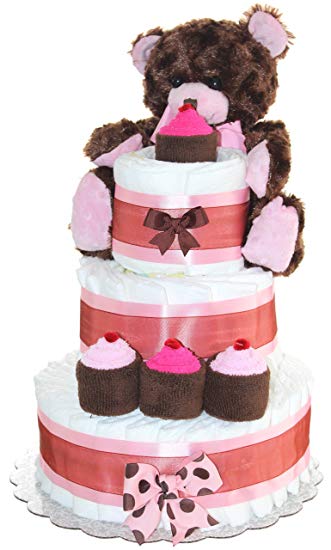 Newborn Diaper Cake 3 Tier- Brown Teddy Bear Classic Diaper Cake/ Baby Girl Gift (Brown-Pink)