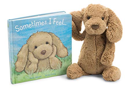 Jellycat Sometimes I Feel Board Book and Bashful Toffee Puppy, Medium - 12 inches