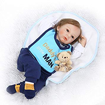 Realistic Reborn Baby Dolls Boy Toddler with Toy Bear Blue Outfit 22 inches