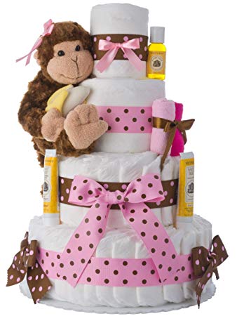 Diaper Cake - Pink Monkey Theme Handmade By Lil Baby Cakes - Gift For Baby Girl - Makes a Great...