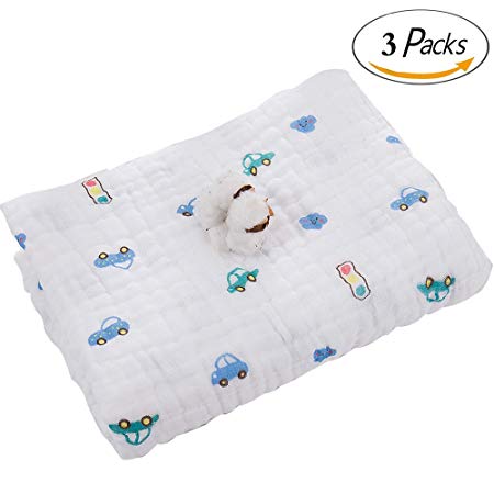 Baby Blanket/Bath Towel 100% Cotton，Super soft Gauze, Natural Absorbent Muslin 6 Layer Warm 41.3 X 41.3 inch (Car 3pcs)