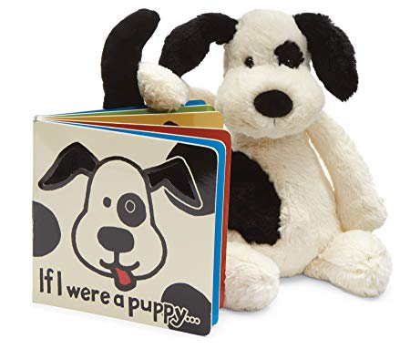 Jellycat If I Were a Puppy Board Book and Bashful Black and Cream Puppy, Medium - 12 inches