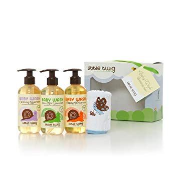 Little Twig All Natural, Hypoallergenic Baby Wash Essentials 4 Piece Gift Set with Washcloth, 8.5 Ounce Bottles