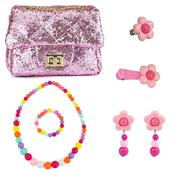 CMK TRENDY KIDS My First Quilted Purse Set for Kids Girls and Toddlers with Hair Clip + Necklace + Bracelet + Earrings + Ring
