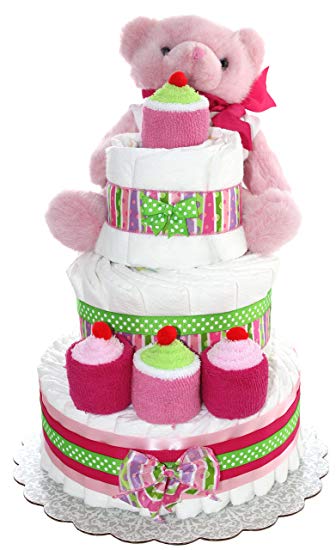 3 Tier Diaper Cake - Pink Teddy Bear Diaper Cake For Girl - Baby Gift For Baby Shower - Teddy Bear...