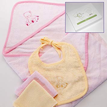 Baby Gift Set. Bamboo Fabric Bath Set. Hooded Towel, Washcloths (2), and Baby Bib. Silky Soft,...