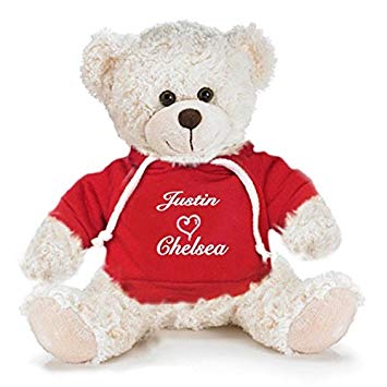 Personalized You and Me Valentine's Snuggle Teddy Bear - Cream, 13 inch (Red Hooded TShirt)