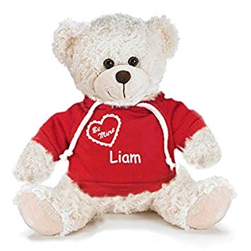 Personalized Be Mine Snuggle Bear - Cream, 13 inch (Red Hooded Shirt)