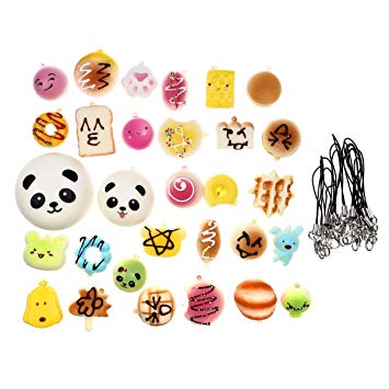 Tinksky 30Pcs Jumbo Medium Mini Random Squishy Soft Panda/Bread/Cake/Buns Phone Straps Gift for Children