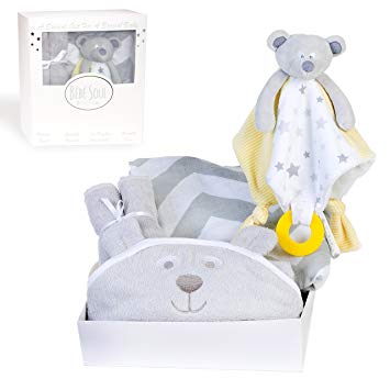 Bébé Soul Unisex New Baby Gift Set : Bear Bamboo Hooded Towel, 4 x Bamboo Washcloths, Bear Security...